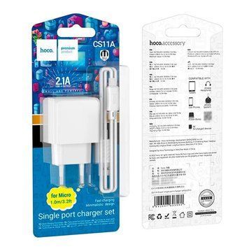 МЗП Hoco CS11A (1USB/2.1A) + USB - MicroUSB (білий) 00000007977 фото