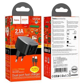 МЗП Hoco CS31A (2 USB/2,1A) + USB - MicroUSB (чорний) 00000007989 фото