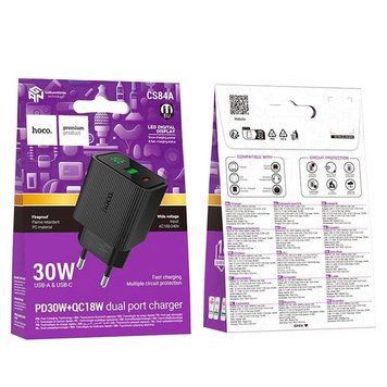 МЗП Hoco CS84A (1Type-C/PD30W+1USB/QC3.0) з дисплеєм (чoрний) 00000008002 фото