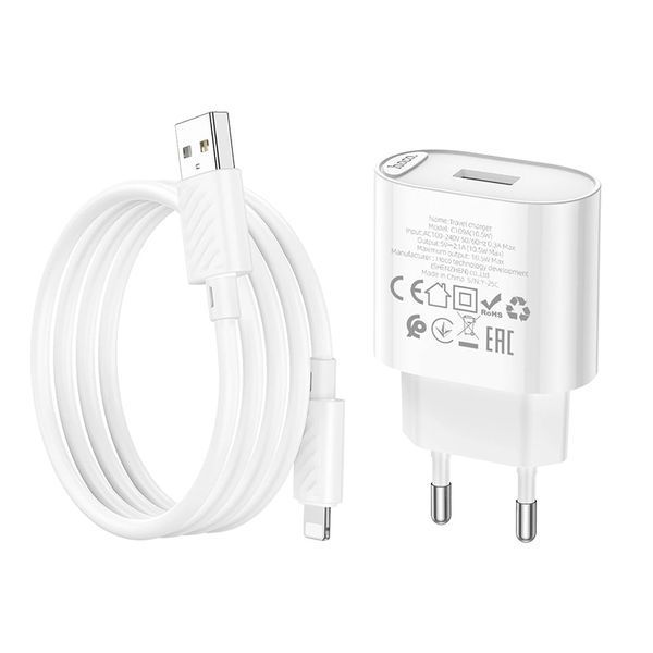 МЗП Hoco C109A (1USB/10.5W) + USB - Lightning (білий) 00000007933 фото