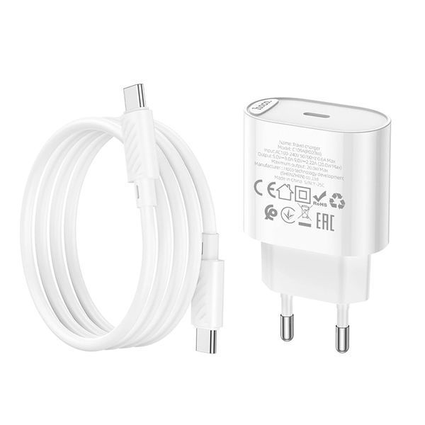 МЗП Hoco C109A (1Type-C/PD20W) + Type-C - Type-C (білий) 00000007935 фото