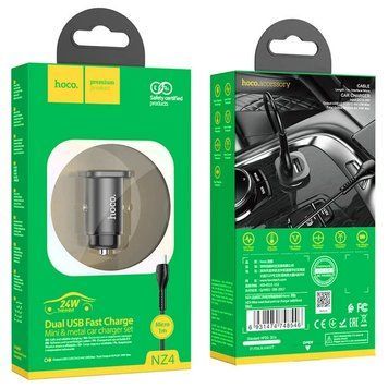 АЗП Нoco NZ4 (2USB/2.4A) + USB - MicroUSB (Чорний) 00000007889 фото