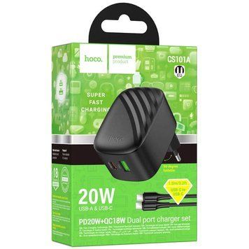 МЗП Hoco CS101A (1Type-C/PD20W+1USB/QC3.0) + Type-C - Type-C (чорний) 00000007967 фото