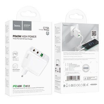 МЗП Hoco C115A (2Type-C/PD65W+1USB/QC3.0) (білий) 00000007940 фото