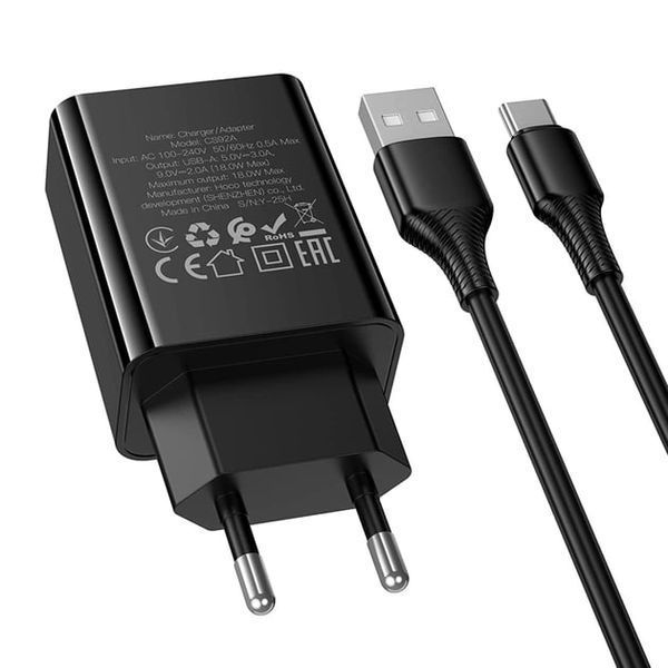МЗП Hoco CS92A (1USB/QC3.0/18W) + USB - Type-C (чорний) 00000008005 фото