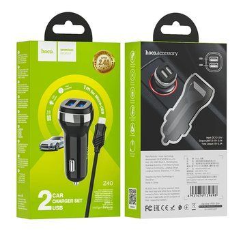 АЗП Hoco Z40 (2USB/2.4A) + USB - MicroUSB (Чорний) 00000007864 фото